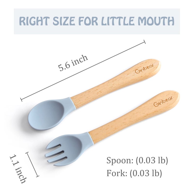 Ginbear Silicone Baby Spoons and Forks Self-feeding 12-18 Months, Soft Tip Baby Flatware Sets for Boy, Toddler Feeding Utensils for Child, 4 Piece Set (Gray/Blue) - Image 3